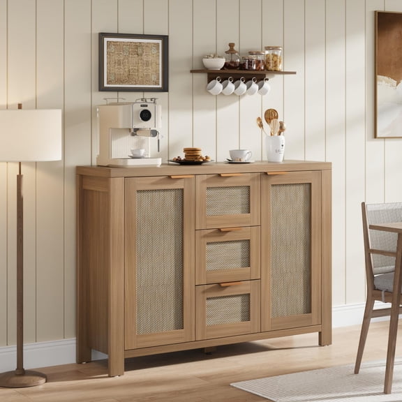 Rattan Buffet Sideboard Cabinet, Boho Accent Storage Cabinet with 3 Drawers, Multi-Purpose Coffee Bar Cabinet for Kitchen Dining Room Living Room Entryway - Light Oak