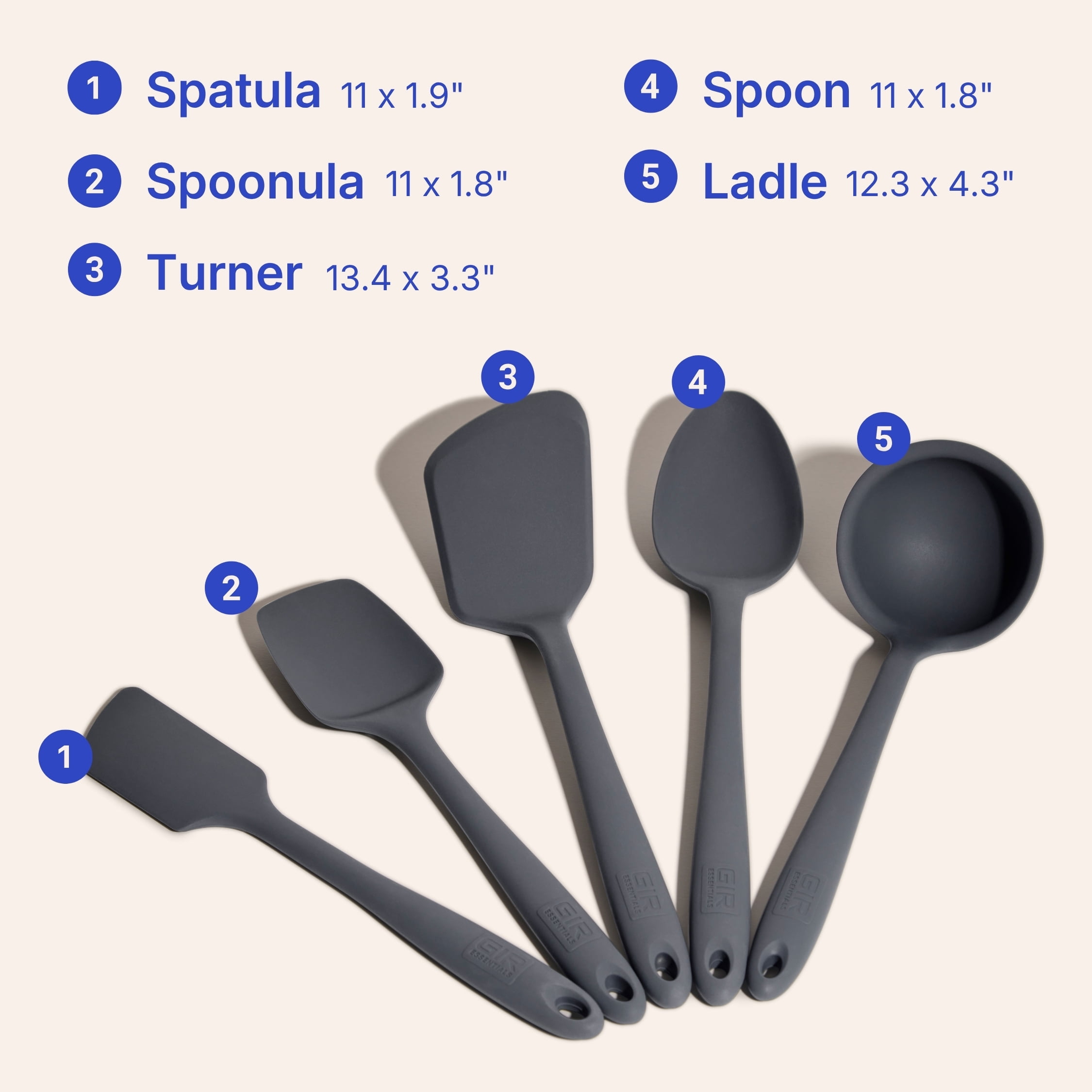 GIR Get It Right 5 Piece Essentials Silicone Cooking Utensils Set Nonstick Heat Resistant Kitchen Utensils for Cooking and Baking, Charcoal