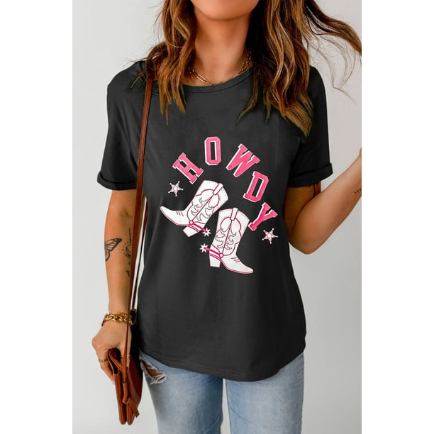 ABPHQTO Camiseta negra con estampado gráfico del oeste de botas HOWDY para mujer