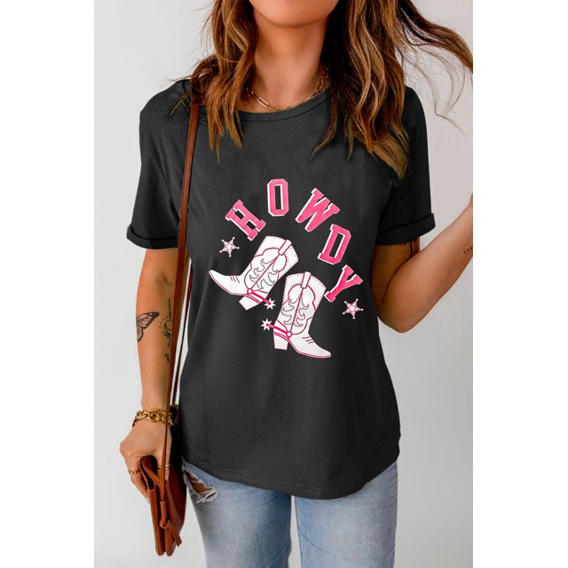 ABPHQTO Camiseta negra con estampado gráfico del oeste de botas HOWDY para mujer