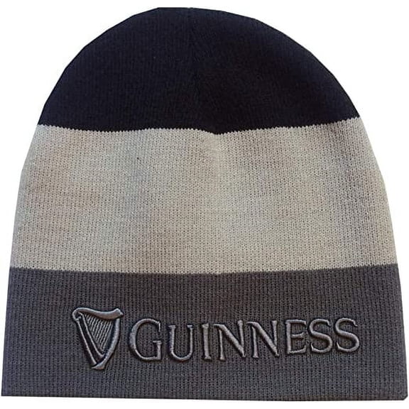 Guinness 3D Embossed Men's Knitted Beanie Hat, Striped Black, Grey, One Size