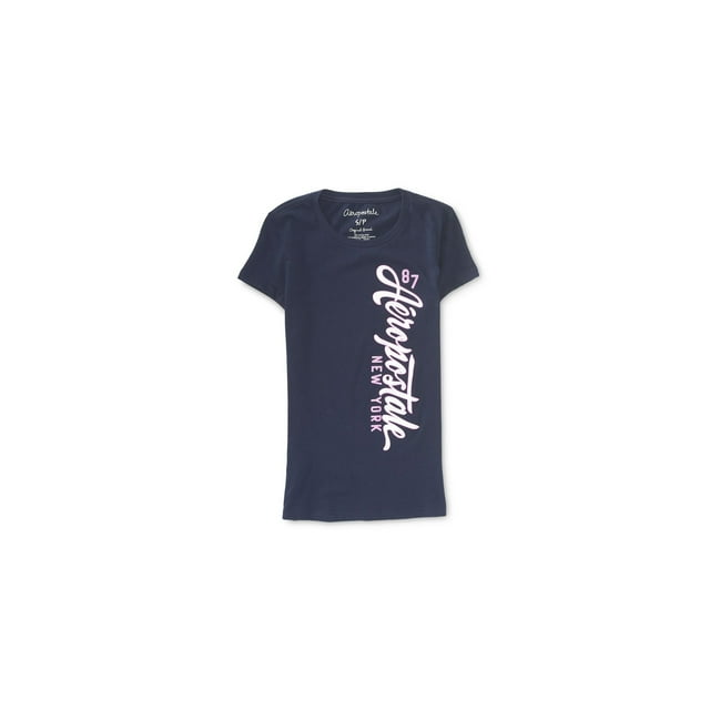Aeropostale - Camiseta adornada con texto vertical para mujer, azul, talla mediana Aeropostale Camiseta adornada