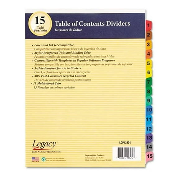 LOP Legacy 12324 - Printable Table of Contents Dividers, White, 15-Tab, 3-Hole, Assorted Tab Colors