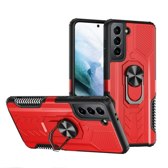 For Samsung Galaxy S21 FE /Fan Edition Military Grade Hybrid Heavy Duty 2 in 1 Hard PC and Silicone with Ring Stand Holder Cover ,Xpm Phone Case [Red]