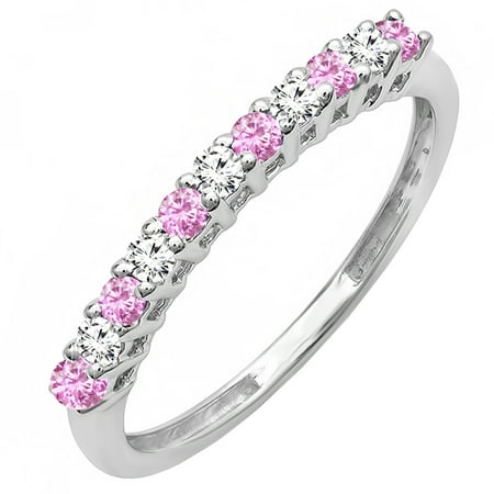 Diamond & Sapphire Anniversary Band Dazzlingrock Collection 10K Round White Diamond & Pink Sapphire Ladies Anniversary Stackable Wedding Band, White Gold, Size 7.5 ()