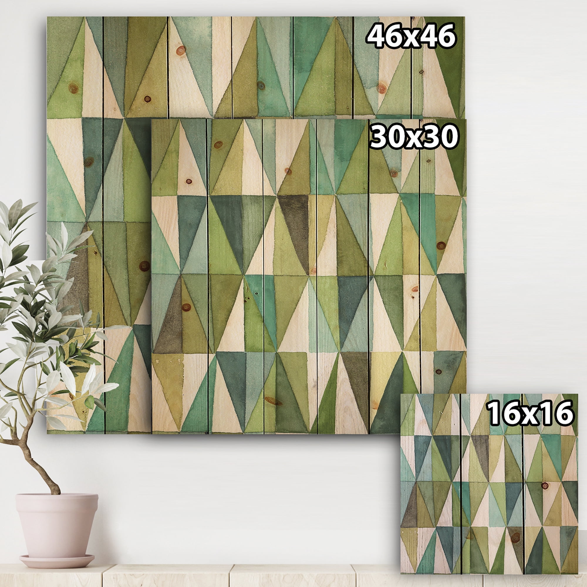 Designart 'Green Geometric Triangle III' Mid-Century Modern Transitional Print on Natural Pine Wood