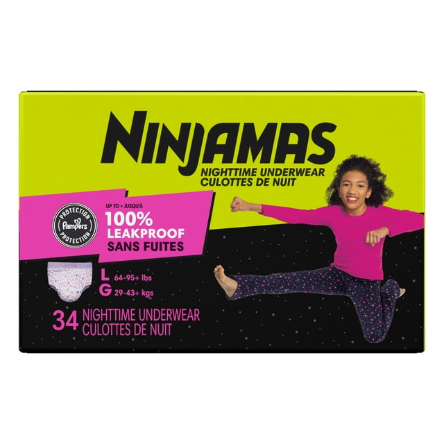 Ninjamas Girls Bedwetting Nighttime Underwear, Size L (64-95+ lbs)