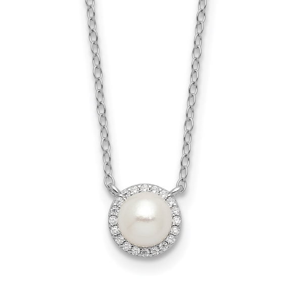Auriga 925 Sterling Silver Rhodium-plated Button Freshwater Cultured Pearl and Brilliant-cut CZ Halo Necklace for Women 18"