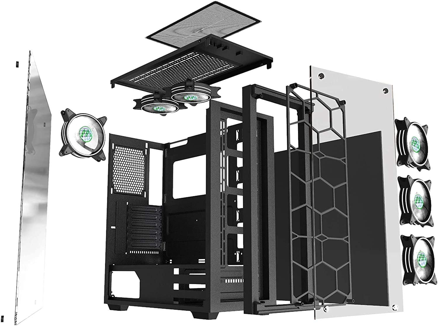 MUSETEX Phantom Black ATX Mid Tower Desktop Computer Gaming Case USB 3.0 Ports Tempered Glass Windows with 120mm LED RGB Fans Pre-Installed (907W6)
