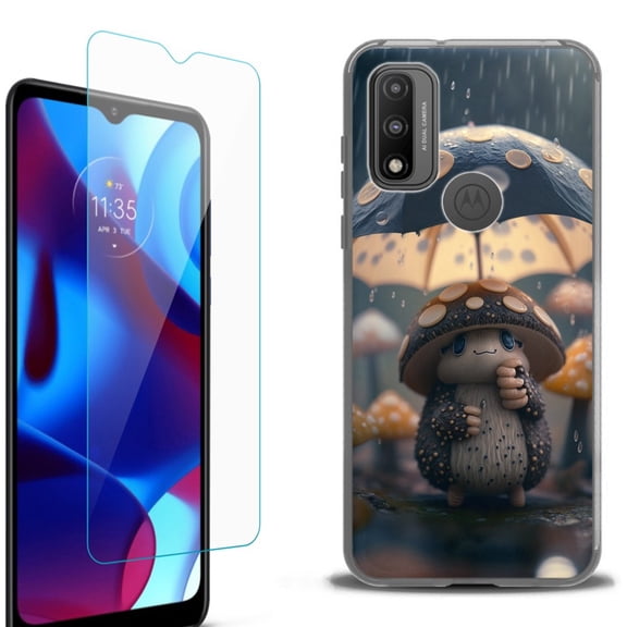 Slim-Fit Fashion Phone Case for Motorola Moto G Pure, with Tempered Glass Screen Protector, by OneToughShield ® - Frog n Mushroom