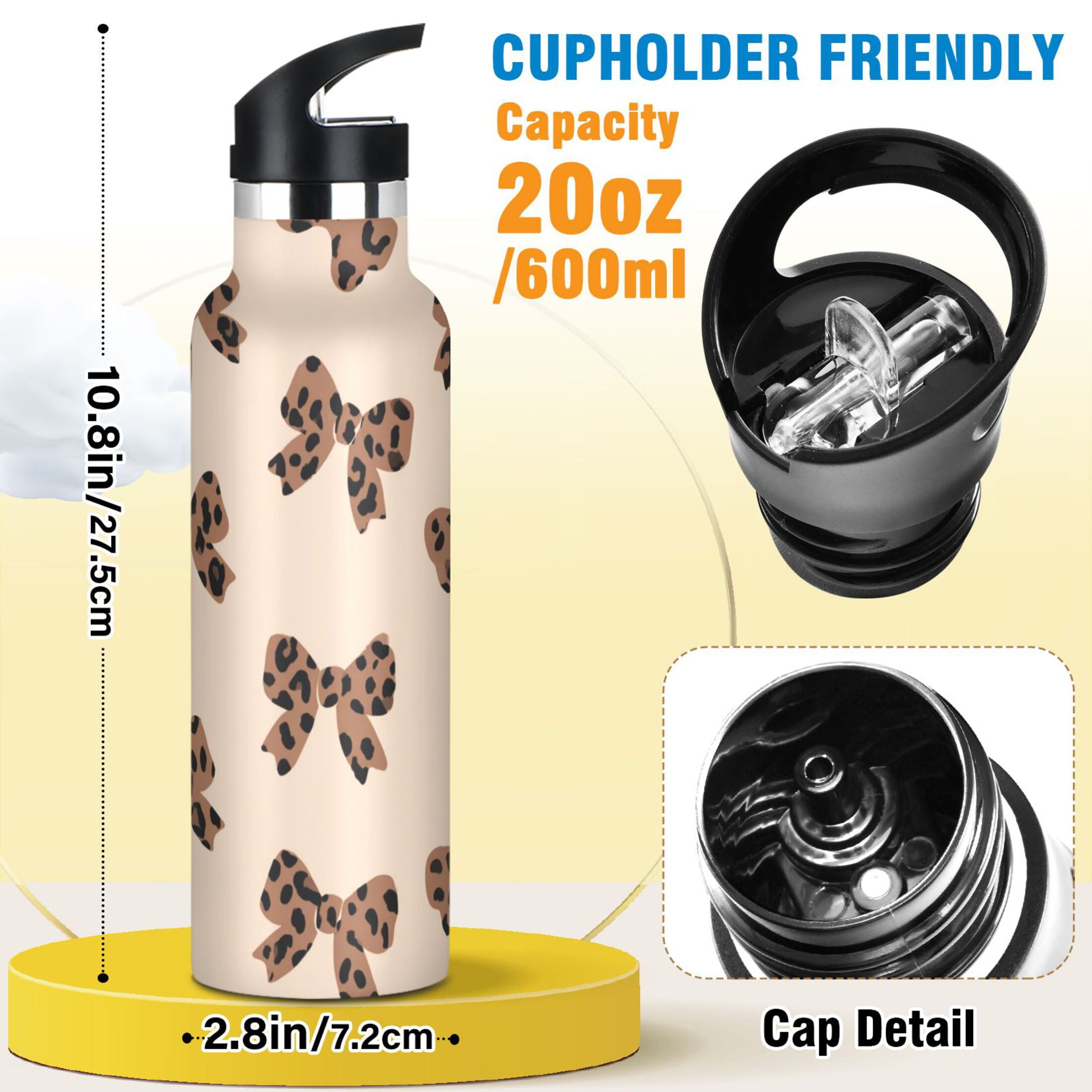 Kids Insulated Stainless Steel Sports Water Bottle 600ml (20oz) Cute Brown Bow
