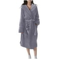 thumbnail image 3 of Xuniizn Womens Robes Plush Fleece Hooded Bathrobe Warm Cozy Thick Nightgown with Pockets Fluffy Sleepwear Bandage Bath Robe with Pockets, Solid Color, 3 of 5