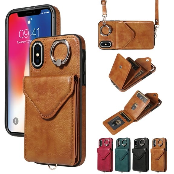 Crossbody Wallet Back Case for iPhone X/XS with Card Holder, Vintage Premium PU Leather Case with Long Shoulder Strap, Purse Shockproof Flip Phone Cover for iPhone X/XS, Brown