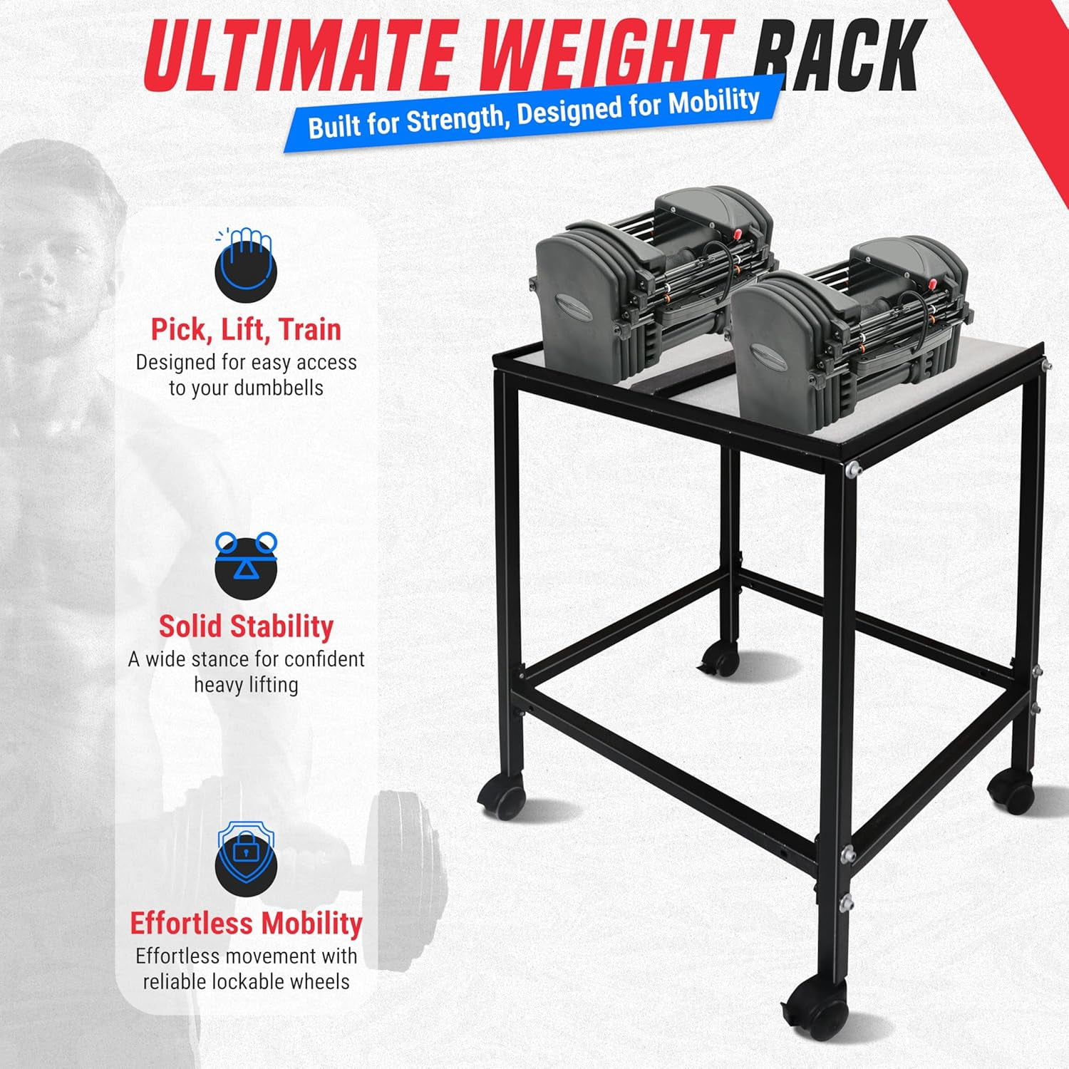 Large Compact Dumbbell Rack & Weight Rack W/ Lockable Wheels—Heavy-Duty Dumbbell Stand Folds Flat for Easy Storage & 150 LB Capacity of Power Block Dumbbell Rack & Use Expandable Dumbbells for Home G