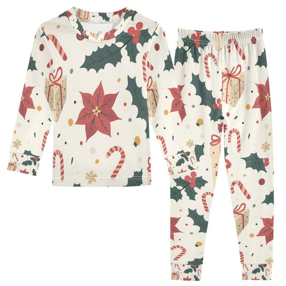 FORMRS Toddler Unisex Long Sleeve Top and Pants Pajama Set 2-Piece Sleepwear, Sizes 18M-8Y, Beige Christmas Candy Canes