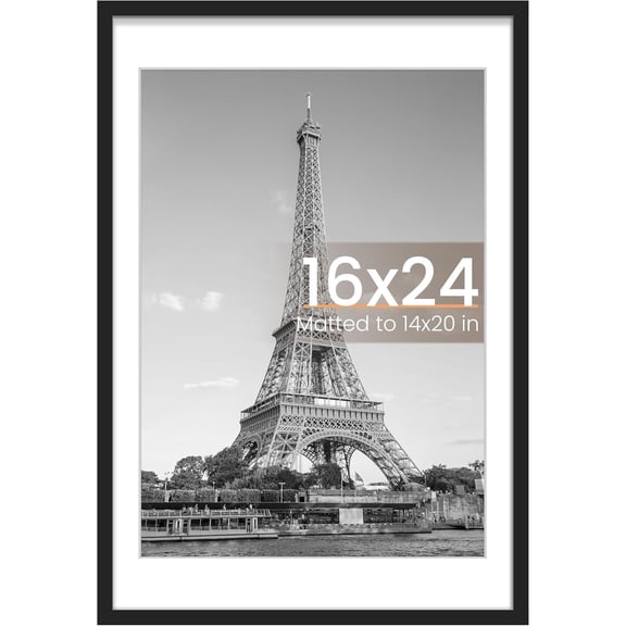 16x24 Picture Frame, Display Pictures 14x20 with Mat or 16 x 24 Without, Wall Hanging Poster Frames, Black, 1 Pack