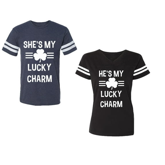 He She is My Lucky Charm Unisex Couple Matching Cotton Jersey style T-Shirt Contrasting stripes on sleeves (Men Navy / Women Black) (Men S / Women S)