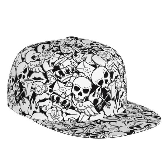 Flat Bill Trucker Hats for Women Men - black white skull Adjustable Flat Baseball Cap Snapback Hats Dad Hats for Men