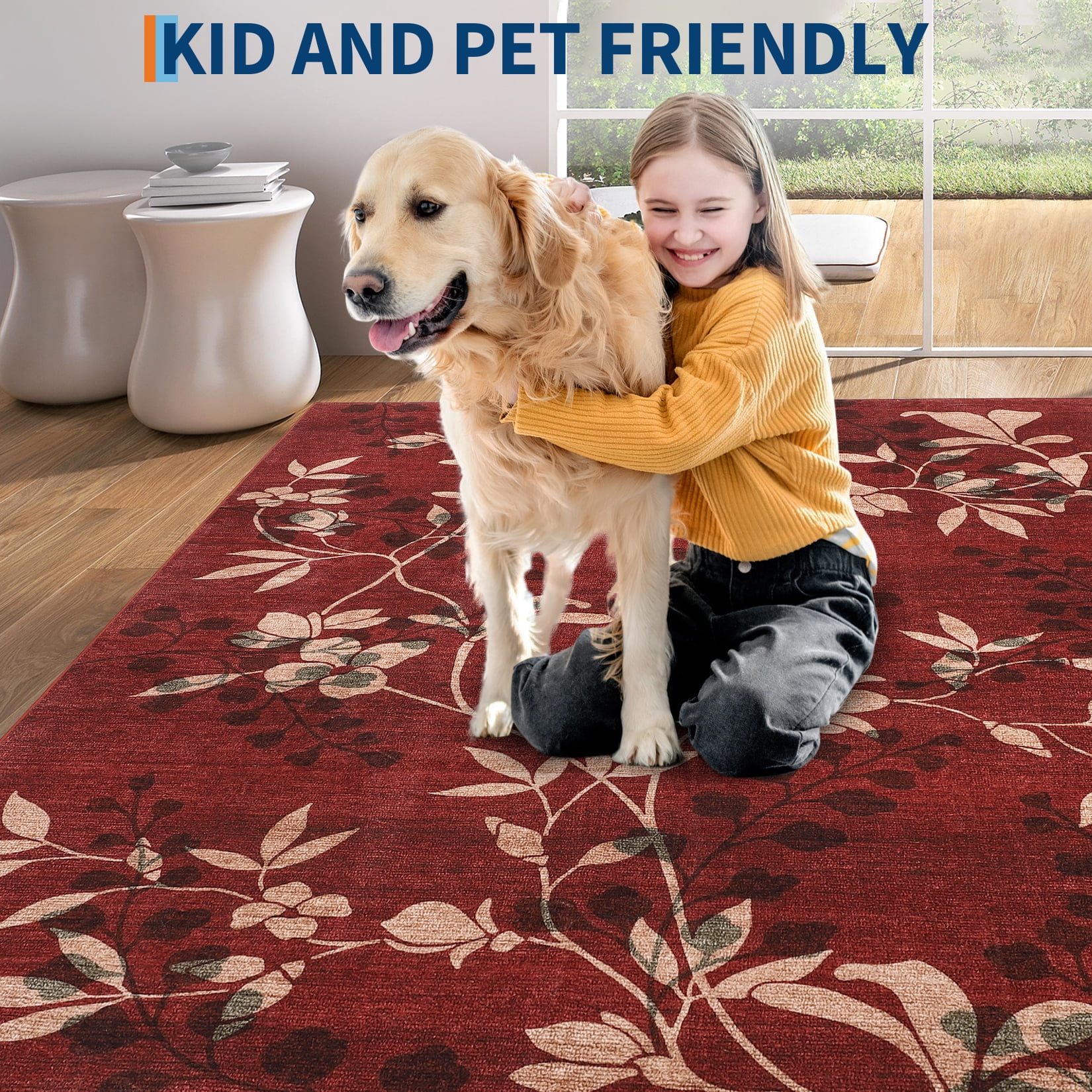 Garvee 9'x12' Modern Area Rug Washable Floral Accent Carpet with Non-Slip Backing, Stain-Resistant Soft Rugs Low Pile Floor Mats, Botanical Print Rug for Living Room, Bedroom, Dining Room, Red