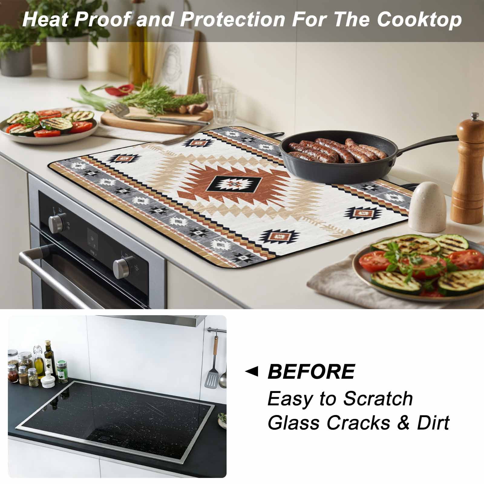 Orange Beige Boho Stove Top Cover for Electric Stove, Heat-proof & Non Slip Glass Top Stove Cover Protector, Vintage Ethnic Tribal Southwestern Kitchen Flat Cooktop Rubber Mat 31x24 Inches