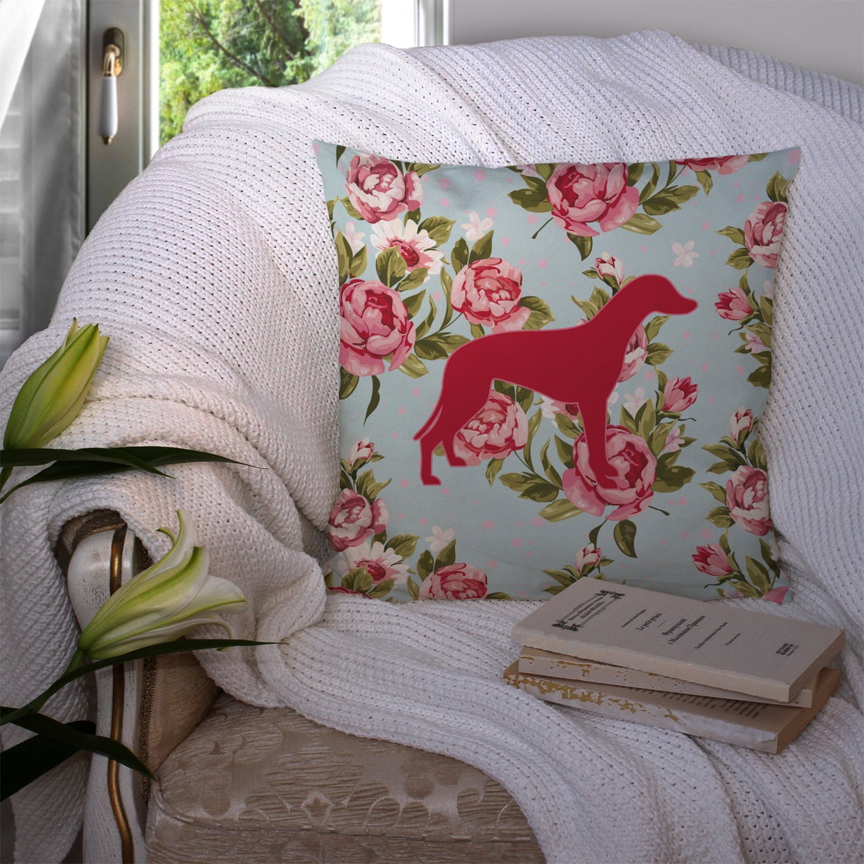 Carolines Treasures Greyhound Shabby Chic Blue Roses Canvas Fabric Decorative Pillow BB1086 14Hx14W multicolor