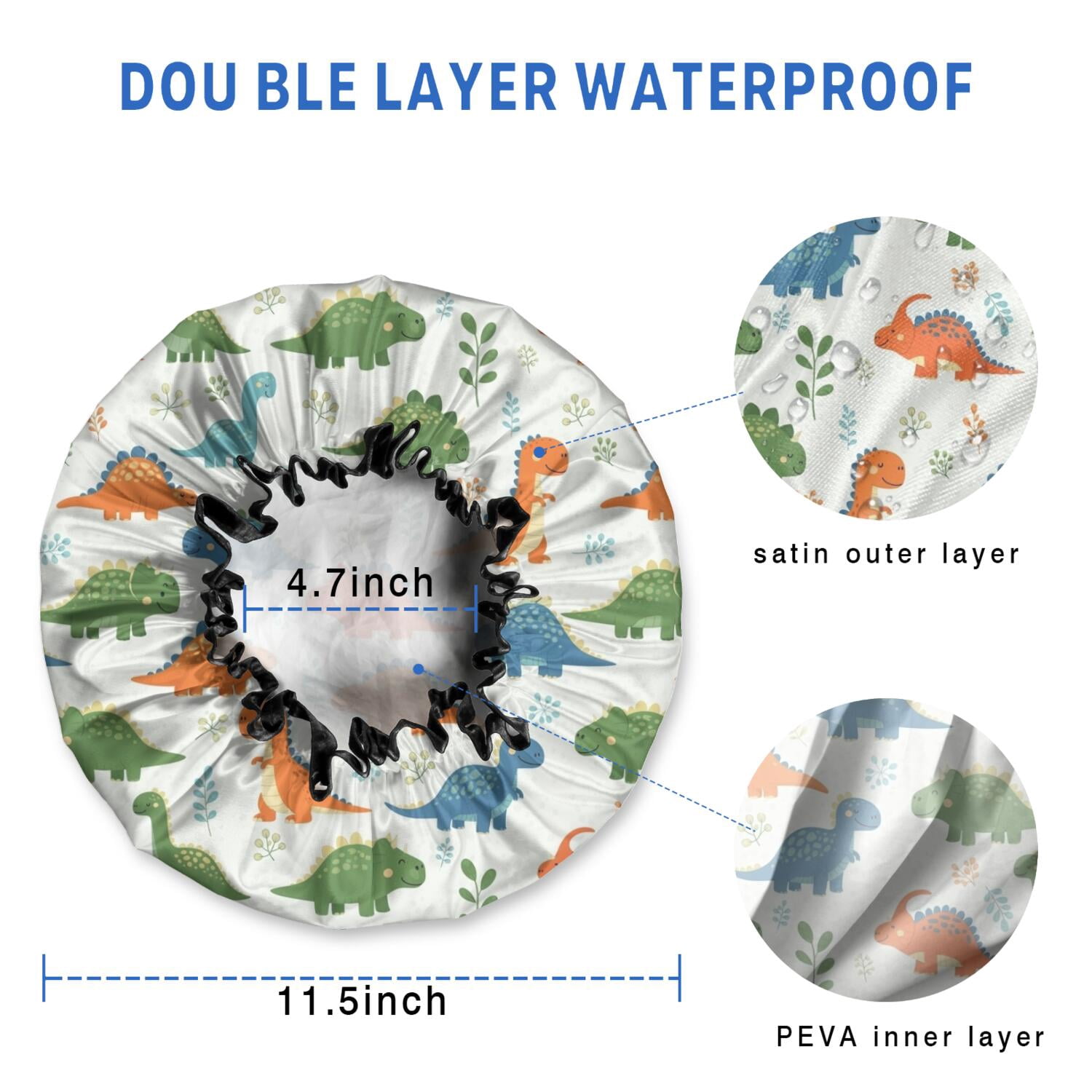 Shower Caps,White Cartoon Cute Dinosaurs Pattern Waterproof Shower Cap for Women 4 Pieces,Double Reusable Hair Cover for Shower PEVA Elastic Stretch Hem