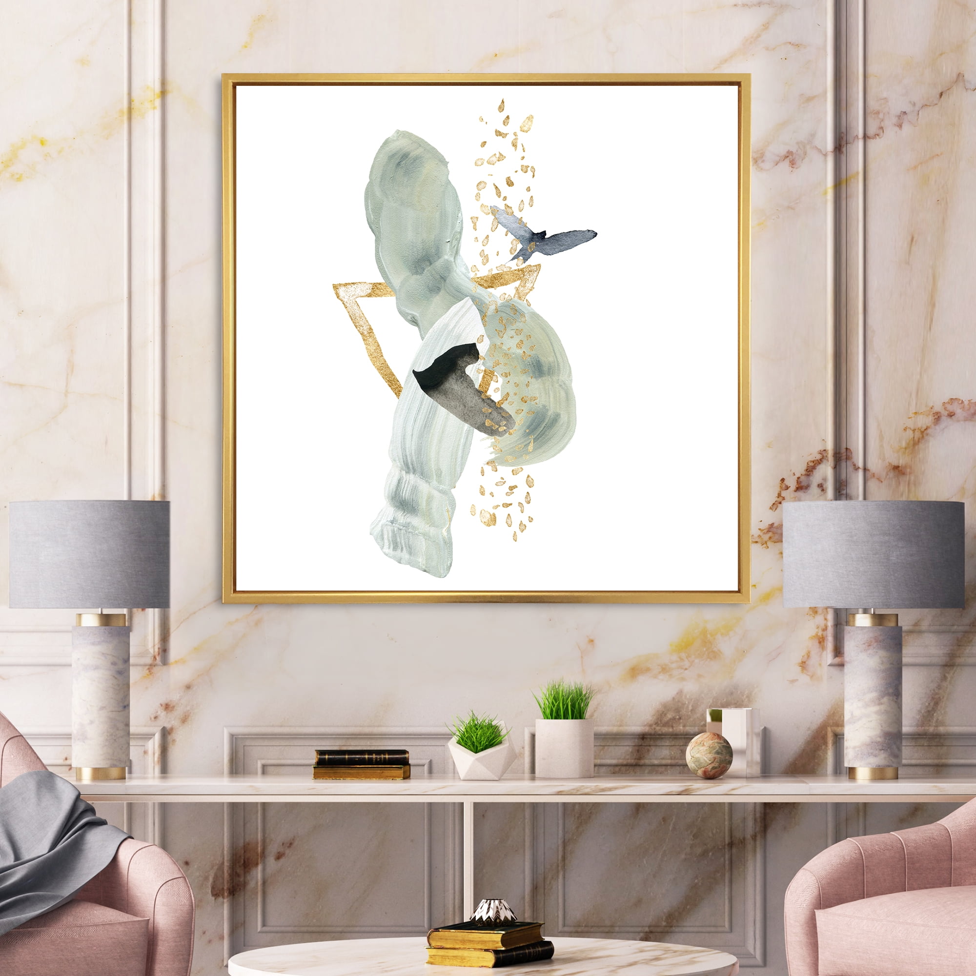Designart 'Abstract Golden Mountain With Bird and Moon' Modern Framed Canvas Wall Art Print