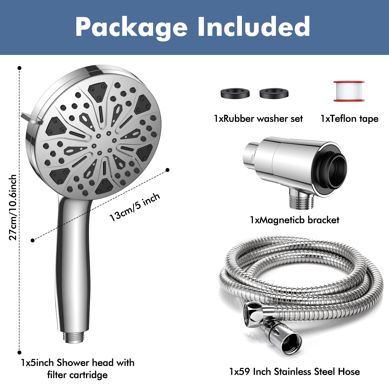 DukLik Magnetic Filtered Shower Head with Handheld 10 Spray Modes Detachable High Pressure Shower Head with 59 inch Hose(Model: 16992)