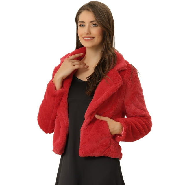 Abrigo mullido de piel sintética Allegra K Chaqueta recortada Rojo XL