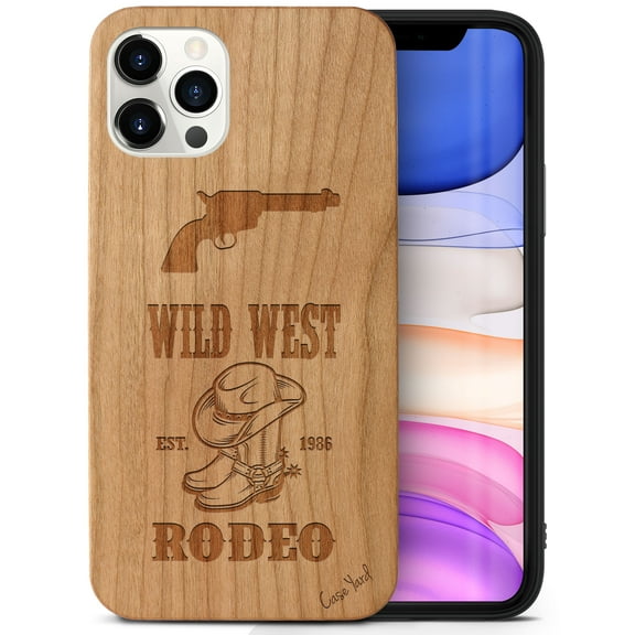 Case Yard Wooden Case Outside Soft TPU Silicone, Slim Fit Shockproof Wood Protective Phone Cover for Girls Boys Men and Women, Supports Wireless Charging Wild West Rodeo Design case for iPhone-11-Pro
