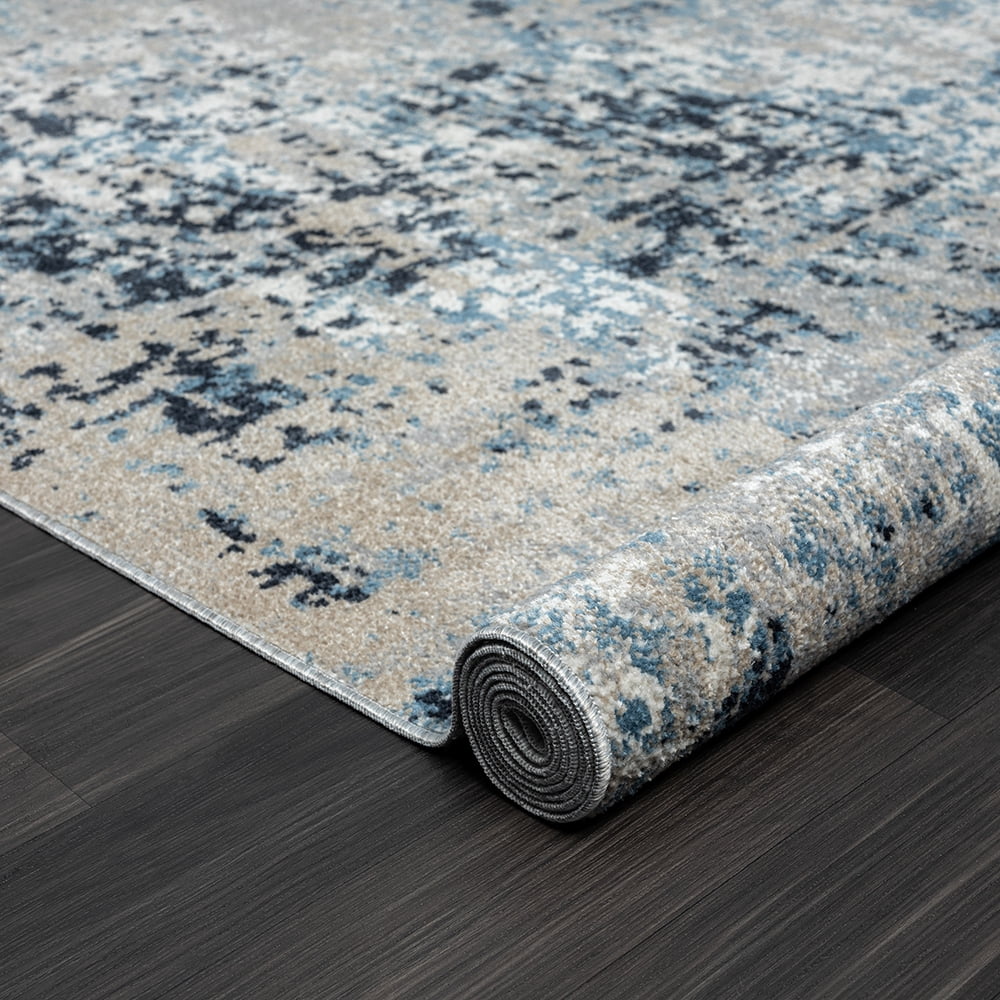 LR Home Han 5' x 7' Blue/Beige Abstract Machine Washable Indoor Area Rug