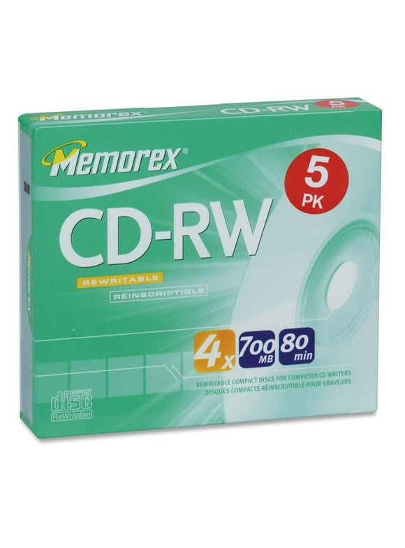 Memorex CD Rewritable Media, CD-RW, 4x, 700 MB, 5 Pack Slim Jewel Case, Retail