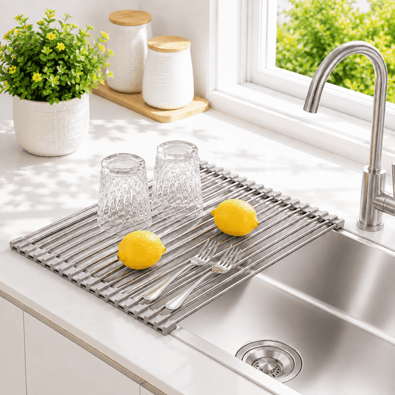 Roll Up Dish Drying Rack, 18.5 x 15.7 Inch Stainless Steel Foldable Over Sink Organizer with Anti-Slip Edges for Kitchen Sink