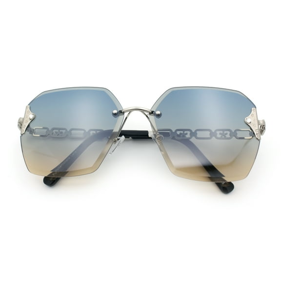 Womens Rhinestone Jewel Chain Arm Rimless Oversize Butterfly Rectangle Sunglasses [Gold - Blue Beige]