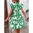 thumbnail image 2 of Green Floral Print Notched Neck Ruffle Trim Smock Dress, 2 of 8
