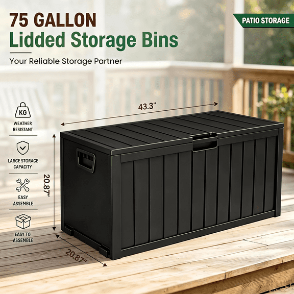 75 Gallon Deck Box, Waterproof Outdoor Storage Box & Household Storage Bin with Handles & Wheels, Easy Assembly Patio Organizer for Garden Garage Poolside Backyard Home Tools Supplies