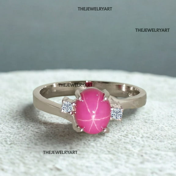 thejewelryart Pink Star Sapphire Ring – Oval-Cut Gemstone with 6 Ray Star 925 Sterling Silver Ring Handcrafted Jewelry for Women Silver 3