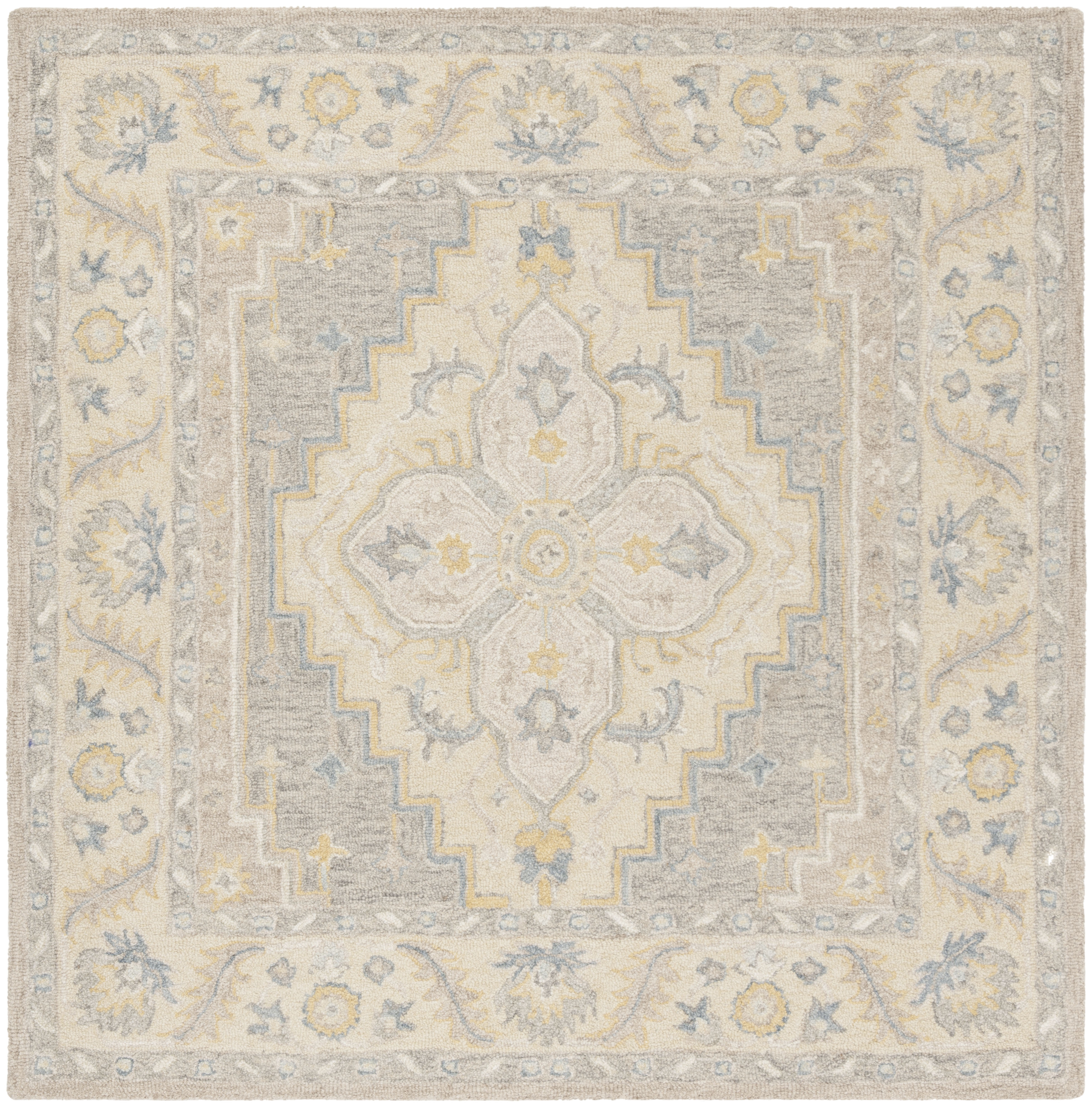 SAFAVIEH Micro-Loop Barnes Floral Bordered Wool Area Rug, Beige/Grey, 5' x 5' Square
