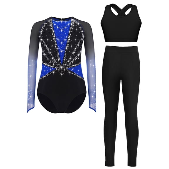 Doomiva Kids Girls Three Piece Gymnastics Set Shiny Long Sleeve Ballet Dance Leotard Bodysuit Vest with Leggings Pants Suit Blue 12