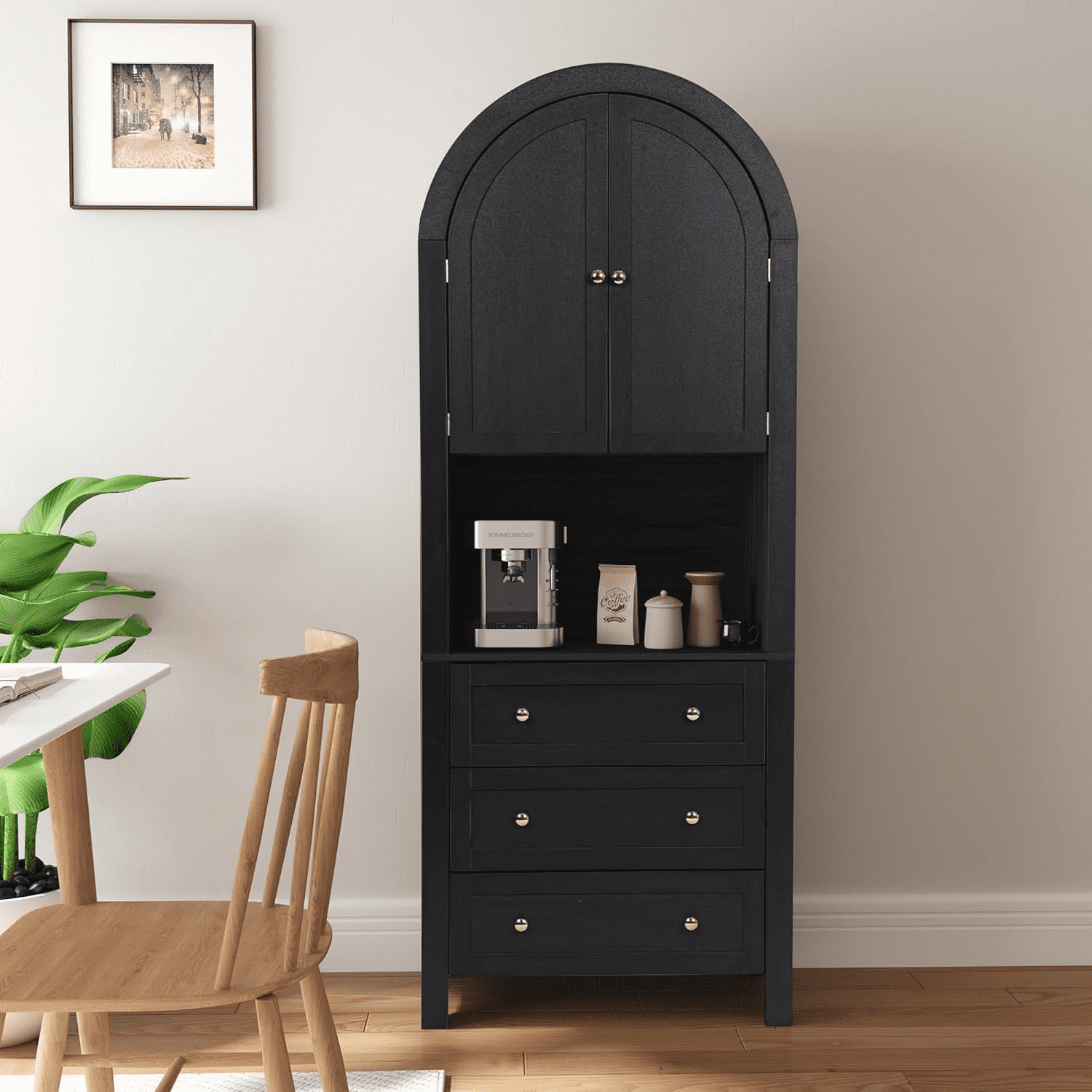LEFHDA 6-Tier Arched Storage Cabinet with Drawer, Cabinet with Doors and Countertop, Arched Bookcase with Storage, Kitchen Pantry Cabinet, Wooden Storage Cabinet for Living Room
