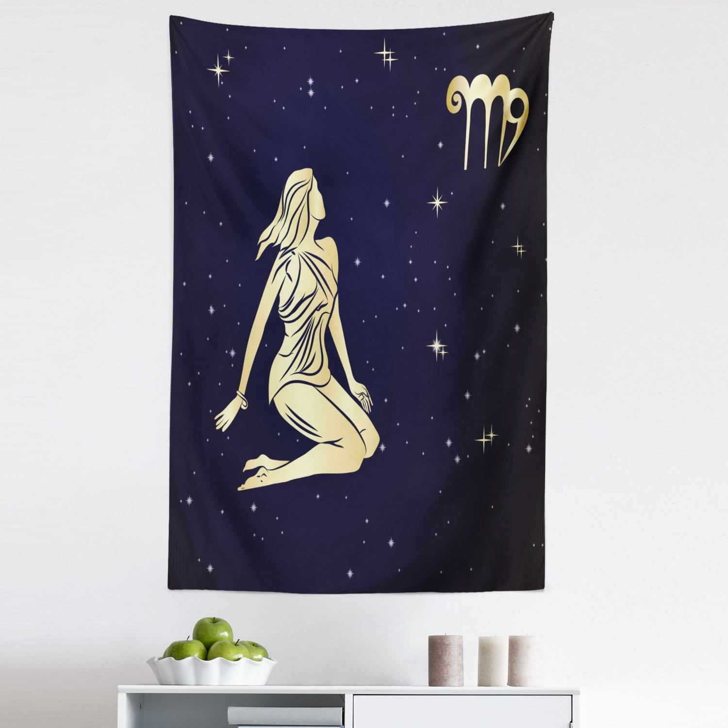 Virgo Tapestry, Woman in Short Dress Sitting in Space Looking at Stars ...