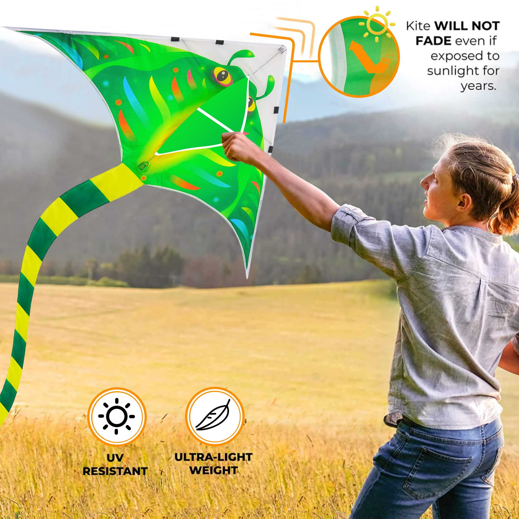4 Pack Kites - Large Fire Dragon Kite Green Snake Kite Devil Fish Kite Red Mollusc Octopus with Long Colorful Tail for Kids Adults Outdoor Game Activities
