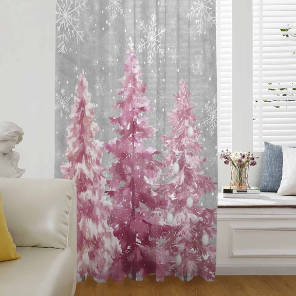 Grey Pink Christmas Semi Sheer Curtains Drapes for Living Room, Bedroom, French Doors Window 84 Inches Long, Xmas Tree Snowflake Winter Rod Pocket Chiffon Curtain Drapery Voile Draperies Panel
