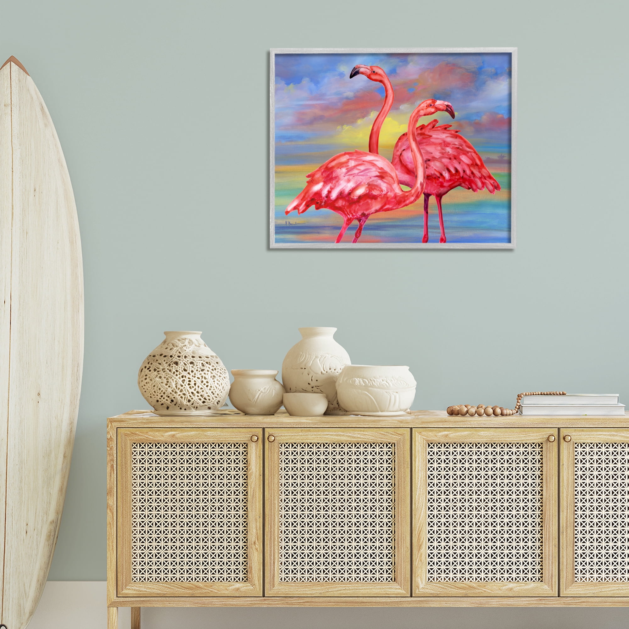 Stupell Industries Rainbow Sunset Flamingos Animals & Insects Painting Gray Framed Art Print Wall Art, 30 x 24