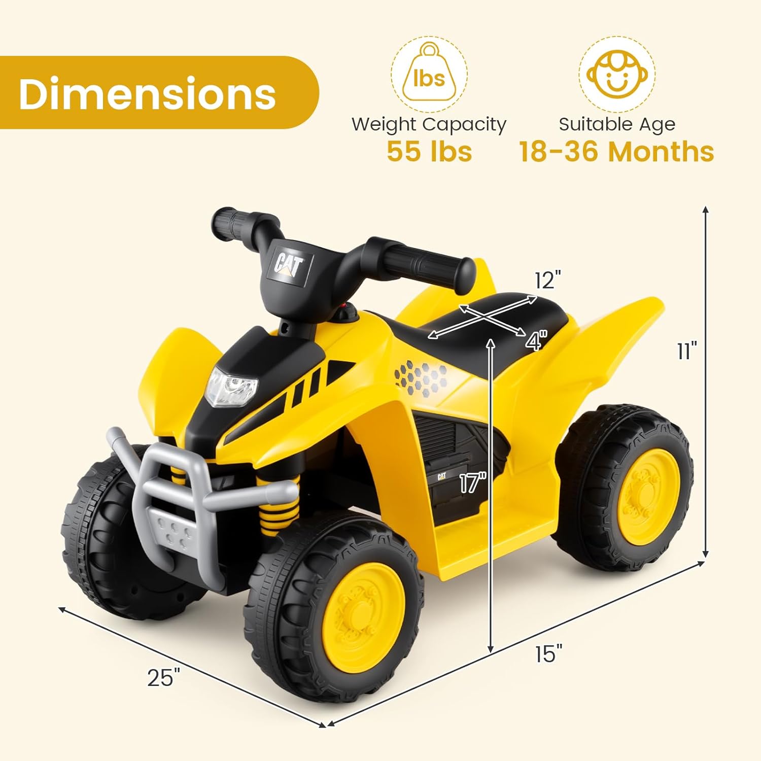 Licensed Caterpillar Kids ATV by OLAKIDS, 6V 4 Wheeler Battery Powered Motorized Quad with LED Headlight Horn, Toddlers Electric Vehicle Toy Car for Boys Girls Ages 1.5-3