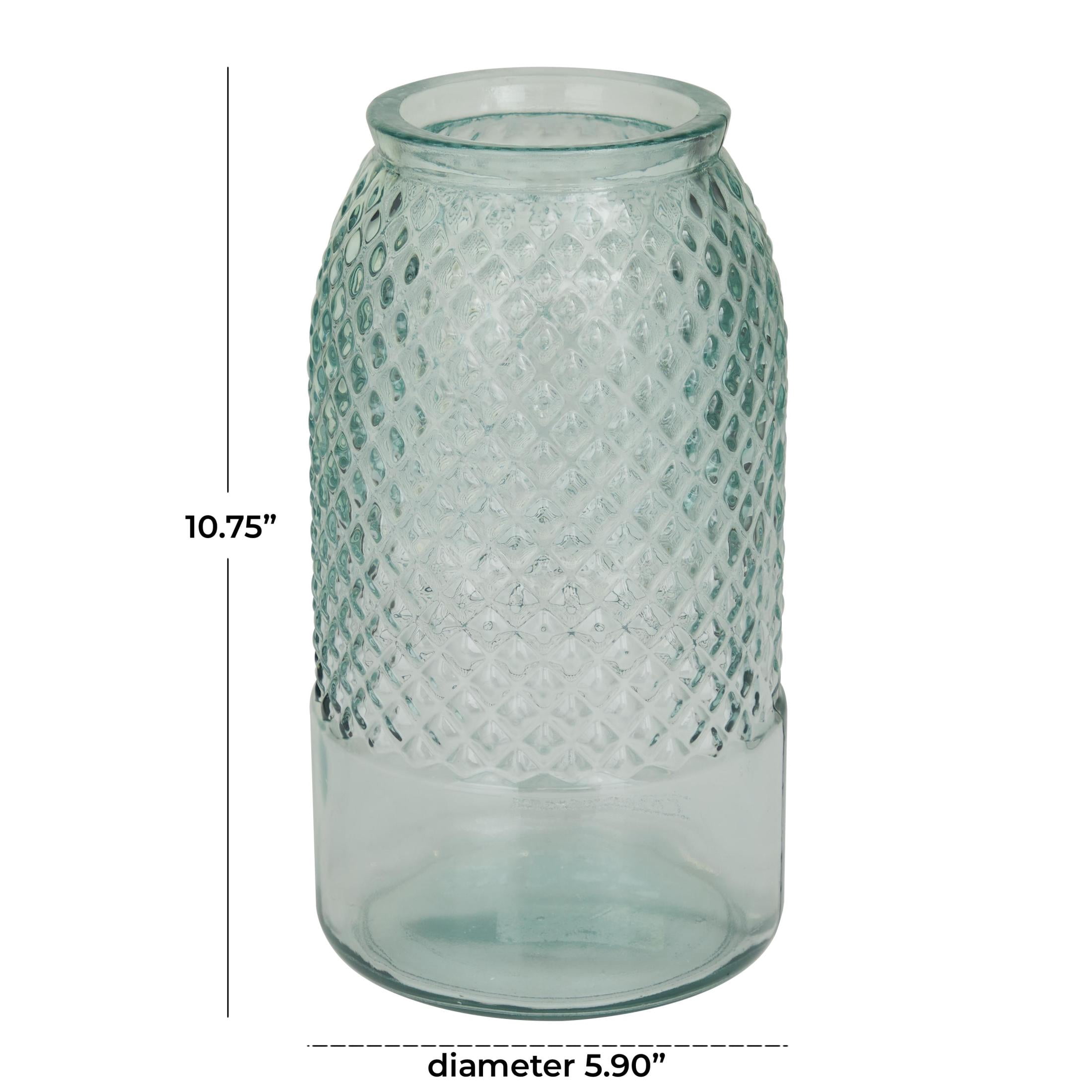 DecMode Teal Recycled Glass Handmade Slim Spanish Decorative Vase with Textured Diamond Pattern, 6" x 6" x 11"