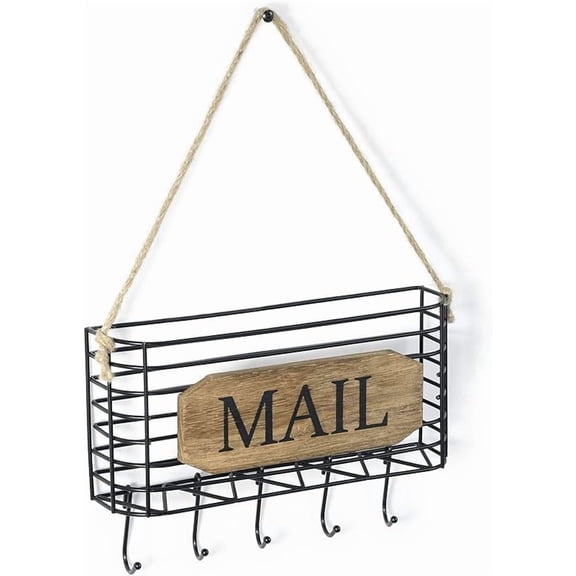 XUET Mail Organizer Wall Mount, Rustic Mail Holder Key Holder for Wall with Hooks, Small Size, Carbonized Black