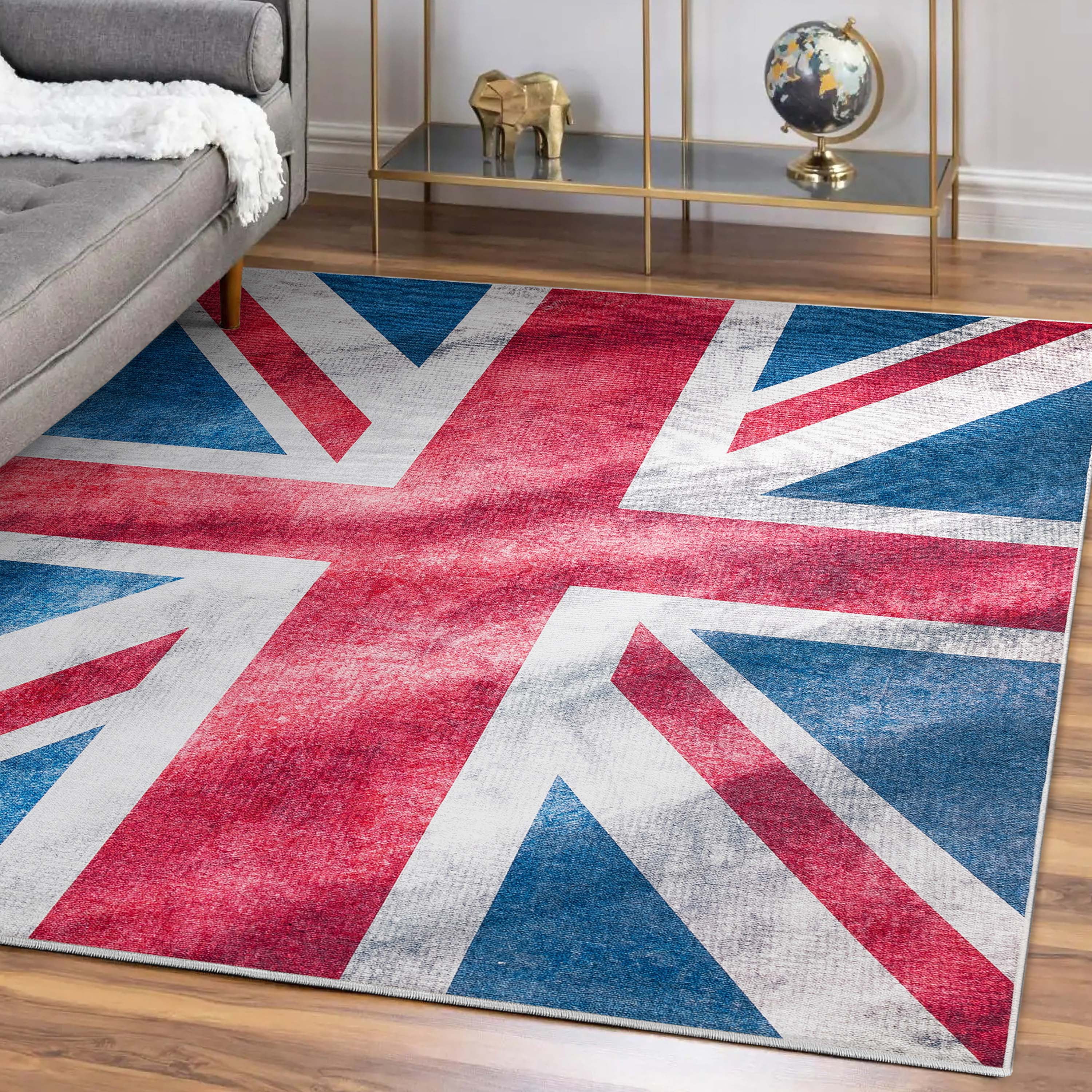 Well Woven Apollo British Flag Union Jack Royal Flag Vintage Red Blue White Flat-Weave Easy to Clean 5' x 7' Area Rug