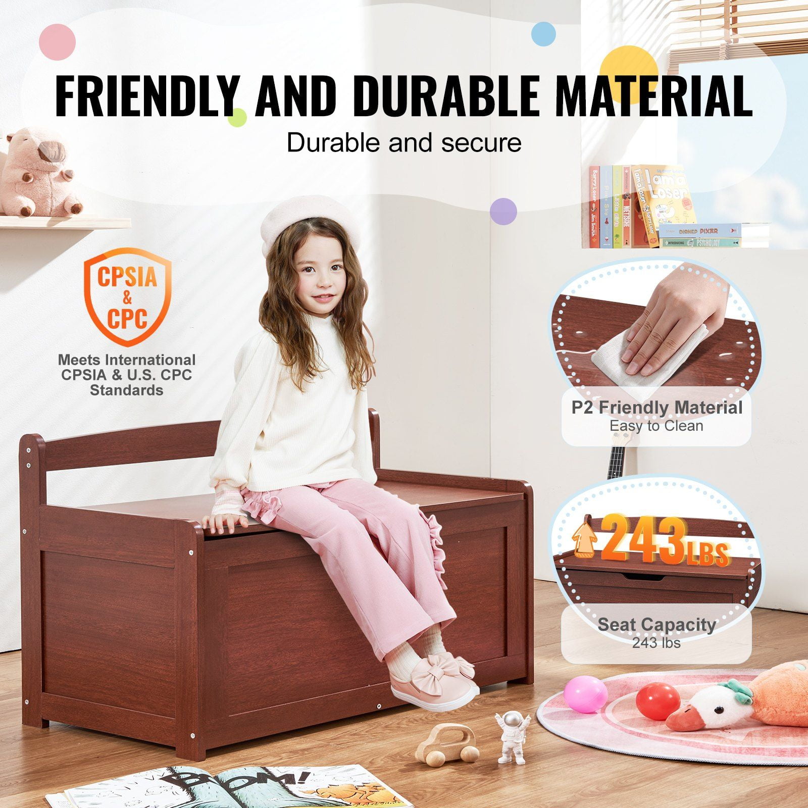 Wooden Toy Chest for Kids, Toddler Toy Storage Box with Flip-Top Lid and Safety Hinge, Large Kids Storage Bench for Playroom, Bedroom, Living Room or Entryway, Cherry Finish