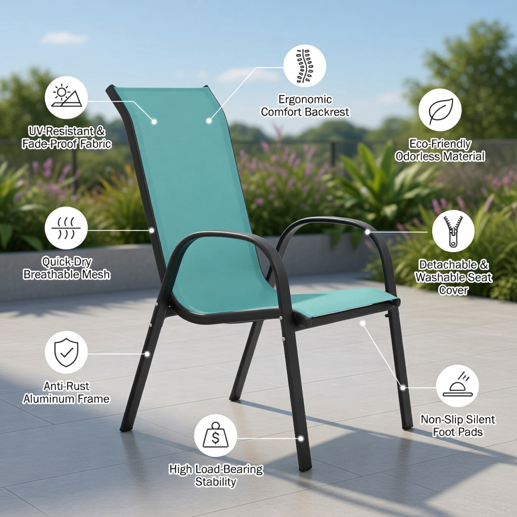 Hommoo 4-Pack Outdoor Patio Chairs with Grey Steel Frame, Stackable, Weather-Resistant Mesh Seating for Deck, Poolside & Backyard, Navy
